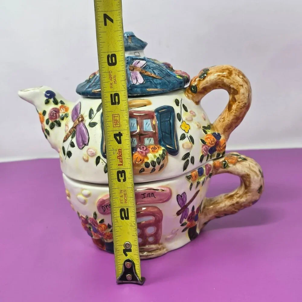 vintage Hand-Painted Ceramic Cottage Style Dragonfly Teapot &‎ Cup Set With Lid